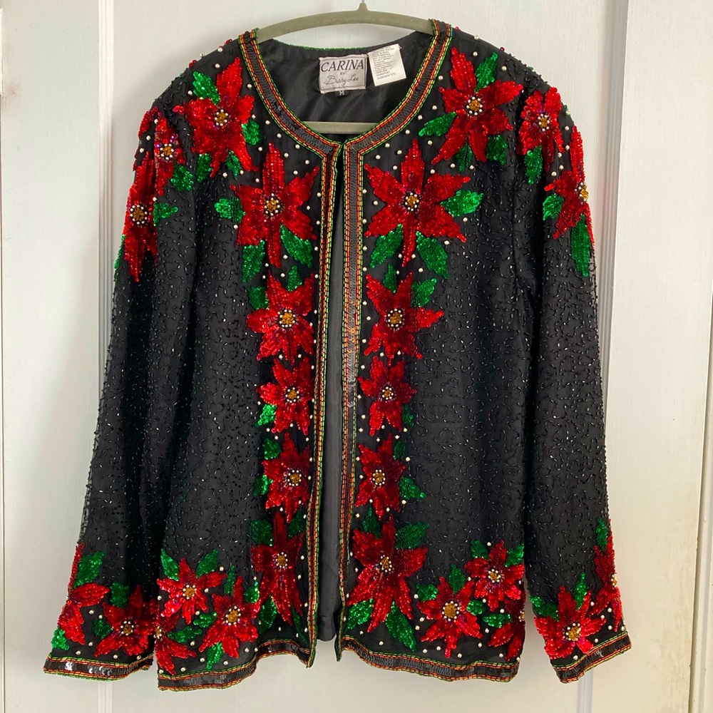 Vintage‎ Silk Beaded Poinsettia Jacket Black Red Carina Barry Lee M Holiday